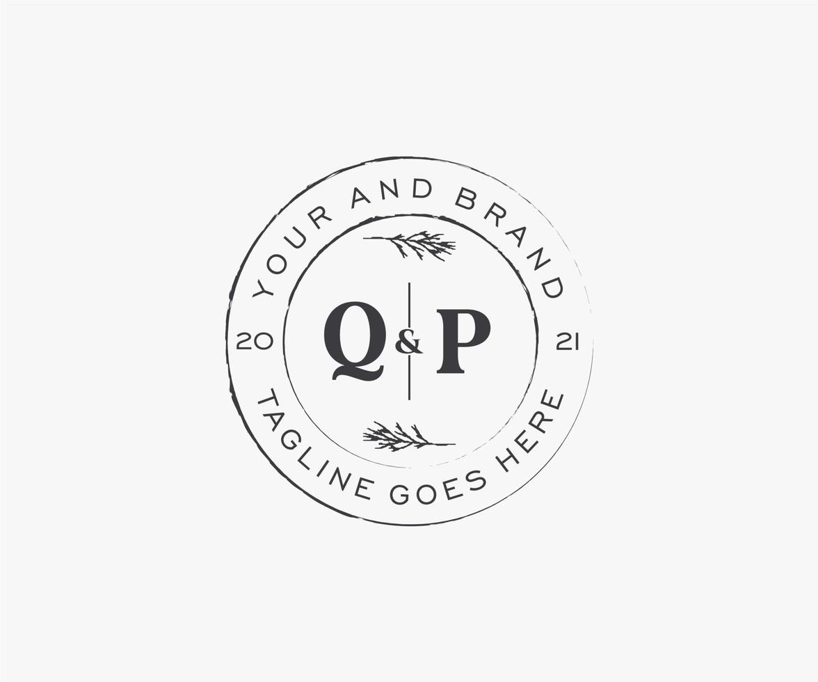 initial QP letters floral frames. Botanical feminine editable premade monoline unique decoration for greeting card, wedding invitation. vector