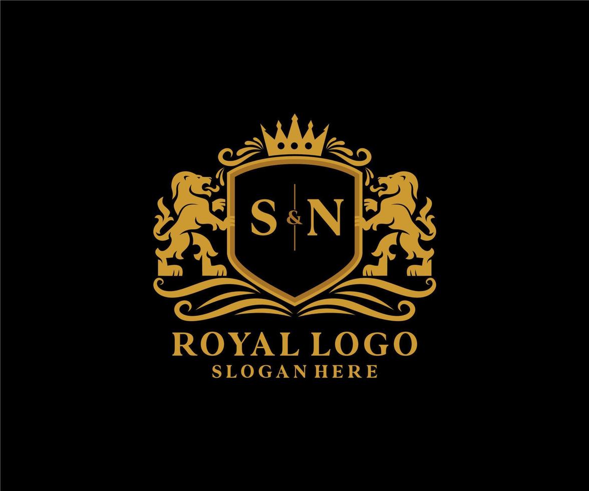 Initial SN Letter Lion Royal Luxury Logo template in vector art for Restaurant, Royalty, Boutique, Cafe, Hotel, Heraldic, Jewelry, Fashion and other vector illustration.