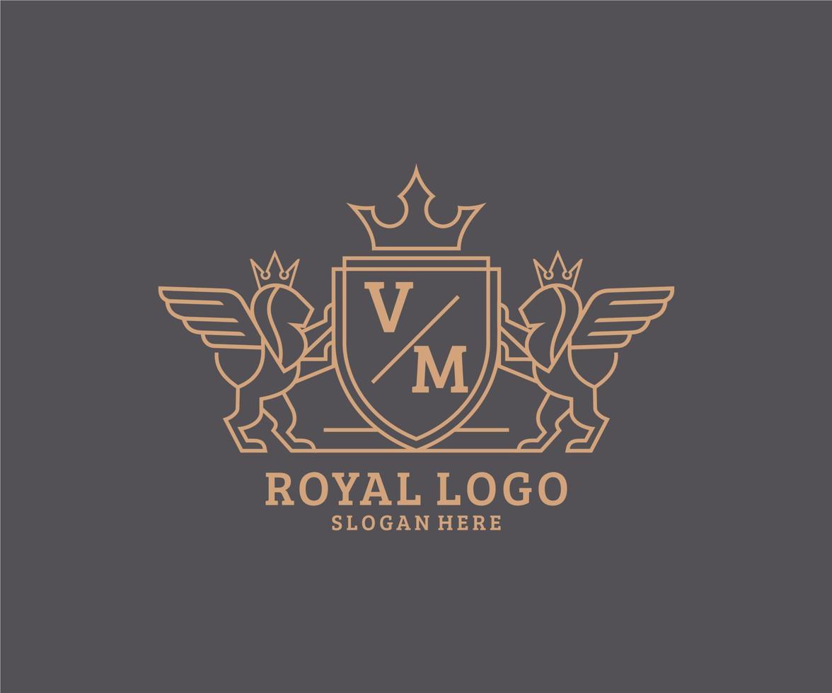 Initial VM Letter Lion Royal Luxury Heraldic,Crest Logo template in vector art for Restaurant, Royalty, Boutique, Cafe, Hotel, Heraldic, Jewelry, Fashion and other vector illustration.