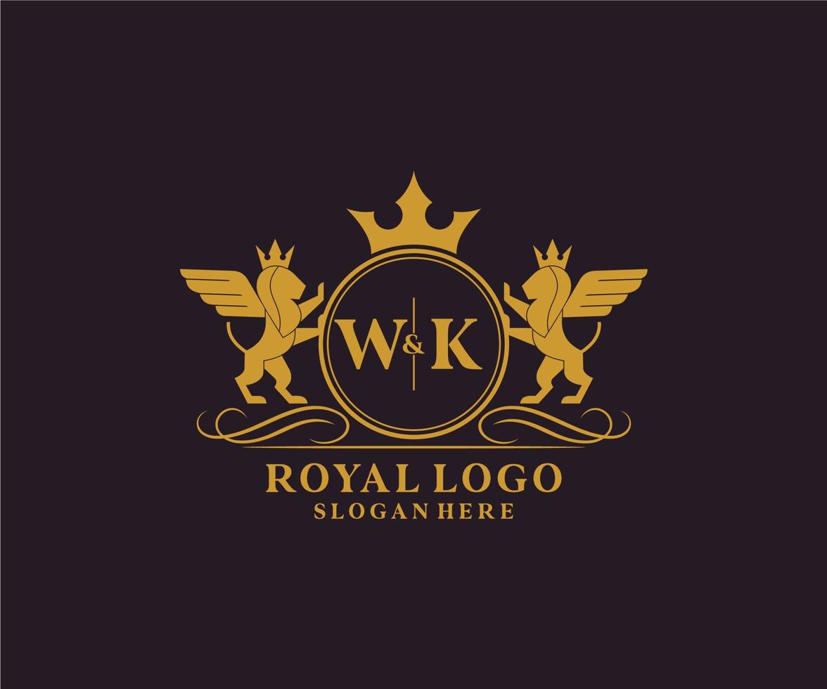 Initial WK Letter Lion Royal Luxury Heraldic,Crest Logo template in vector art for Restaurant, Royalty, Boutique, Cafe, Hotel, Heraldic, Jewelry, Fashion and other vector illustration.