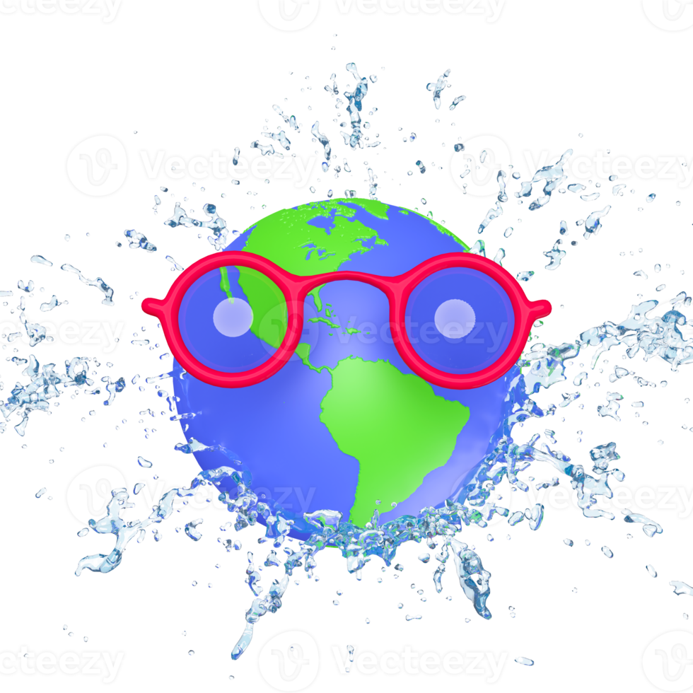 3d värld med solglasögon, vatten stänk, klar blå vatten spridd runt om isolerat. värld vatten dag begrepp 3d framställa illustration png