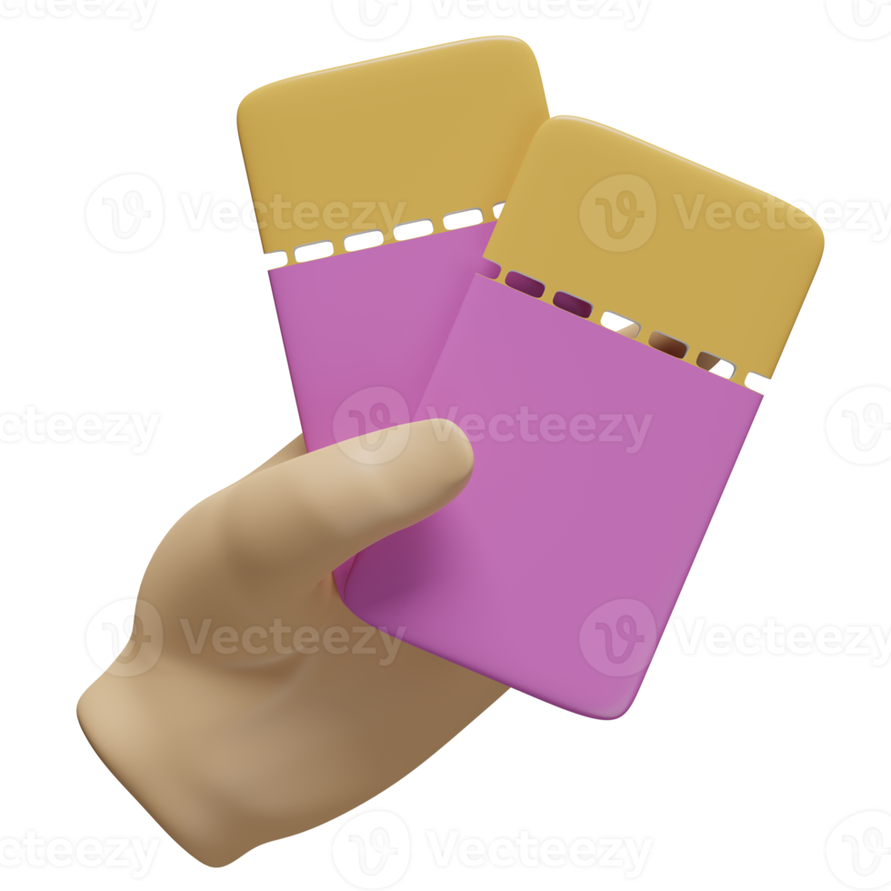 3d hands hold ticket booking cinema, theatre, concert, play, party, event, festival, sky train, airplane isolated. 3d render illustration png