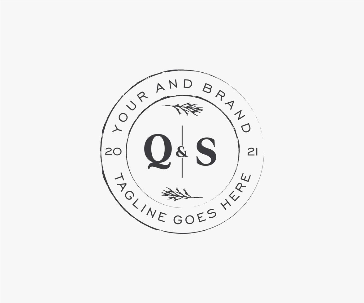 initial QS letters floral frames. Botanical feminine editable premade monoline unique decoration for greeting card, wedding invitation. vector