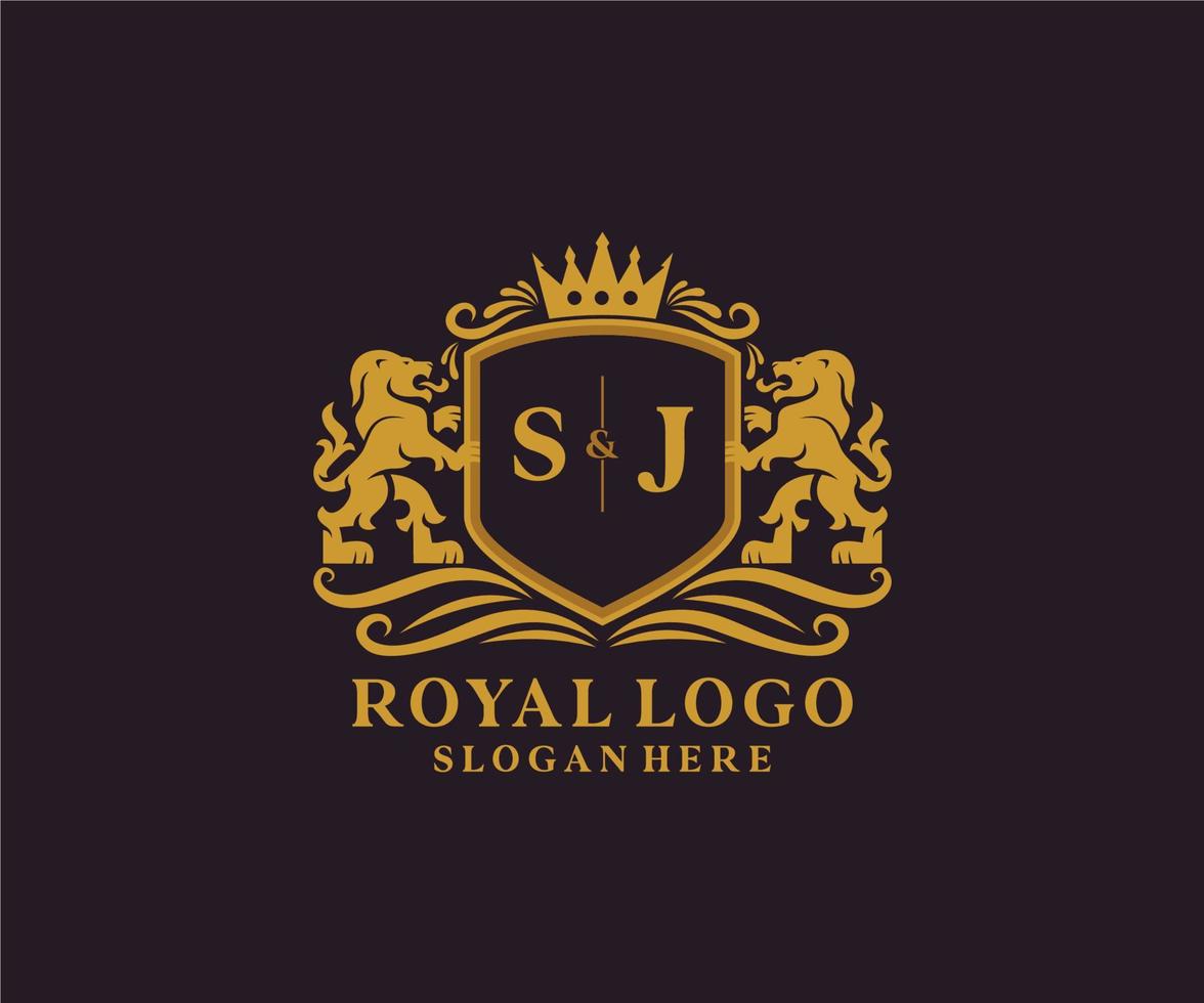 Initial SJ Letter Lion Royal Luxury Logo template in vector art for Restaurant, Royalty, Boutique, Cafe, Hotel, Heraldic, Jewelry, Fashion and other vector illustration.