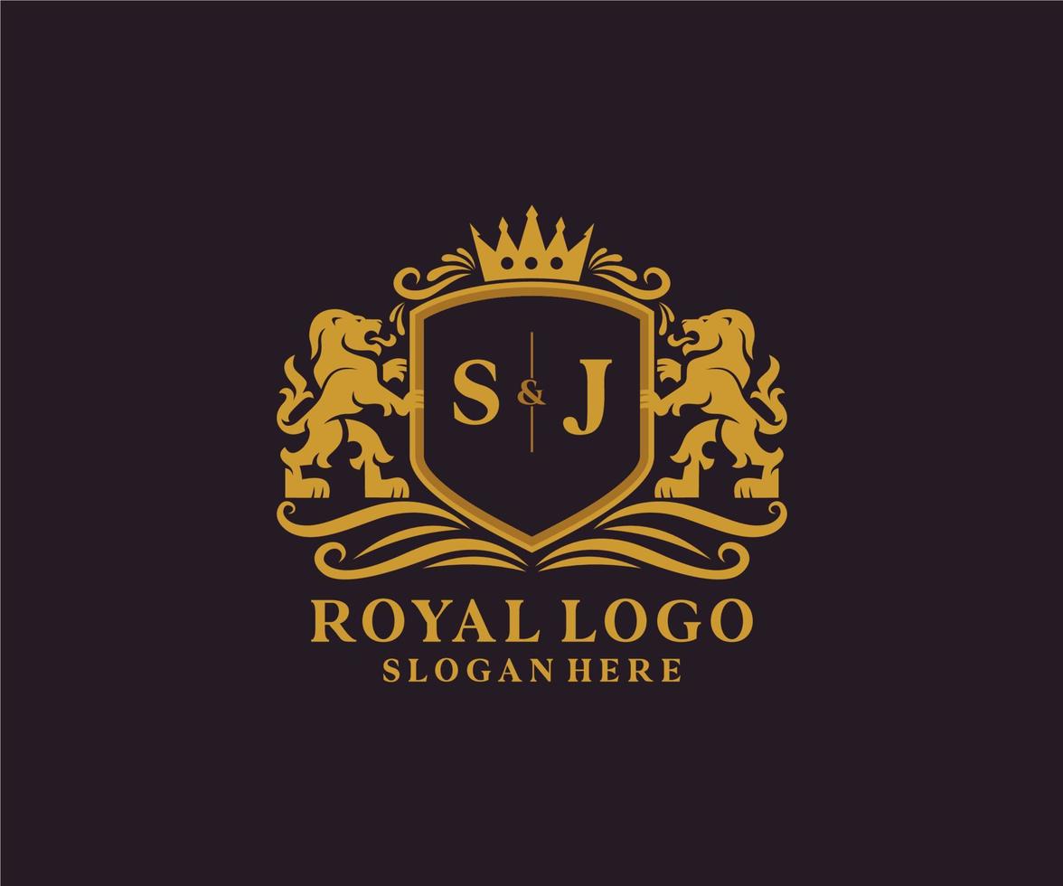 plantilla de logotipo de lujo real de león de letra sj inicial en arte vectorial para restaurante, realeza, boutique, cafetería, hotel, heráldica, joyería, moda y otras ilustraciones vectoriales. vector