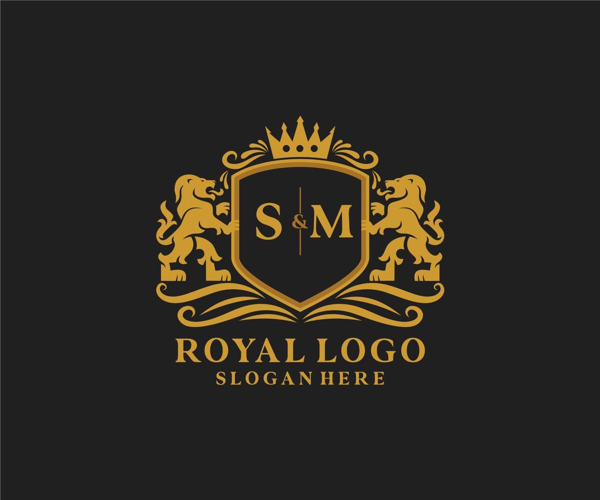 Initial SM Letter Lion Royal Luxury Logo template in vector art for Restaurant, Royalty, Boutique, Cafe, Hotel, Heraldic, Jewelry, Fashion and other vector illustration.