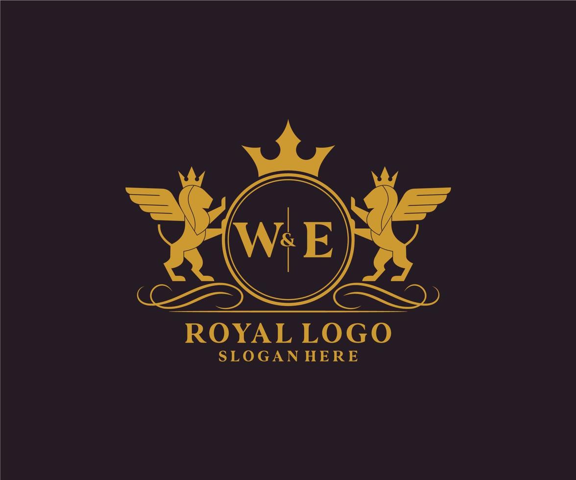 Initial WE Letter Lion Royal Luxury Heraldic,Crest Logo template in vector art for Restaurant, Royalty, Boutique, Cafe, Hotel, Heraldic, Jewelry, Fashion and other vector illustration.