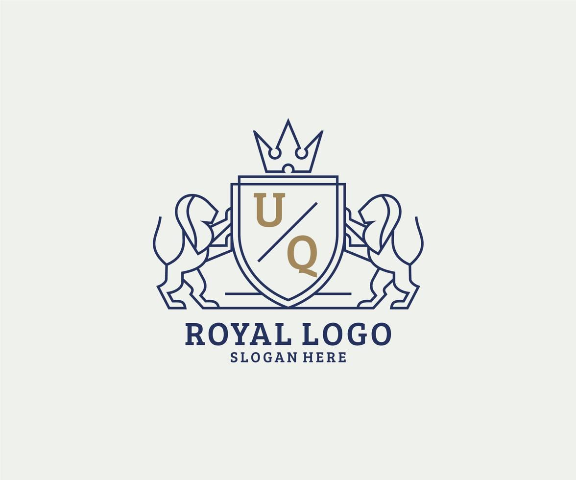 Initial UQ Letter Lion Royal Luxury Logo template in vector art for Restaurant, Royalty, Boutique, Cafe, Hotel, Heraldic, Jewelry, Fashion and other vector illustration.