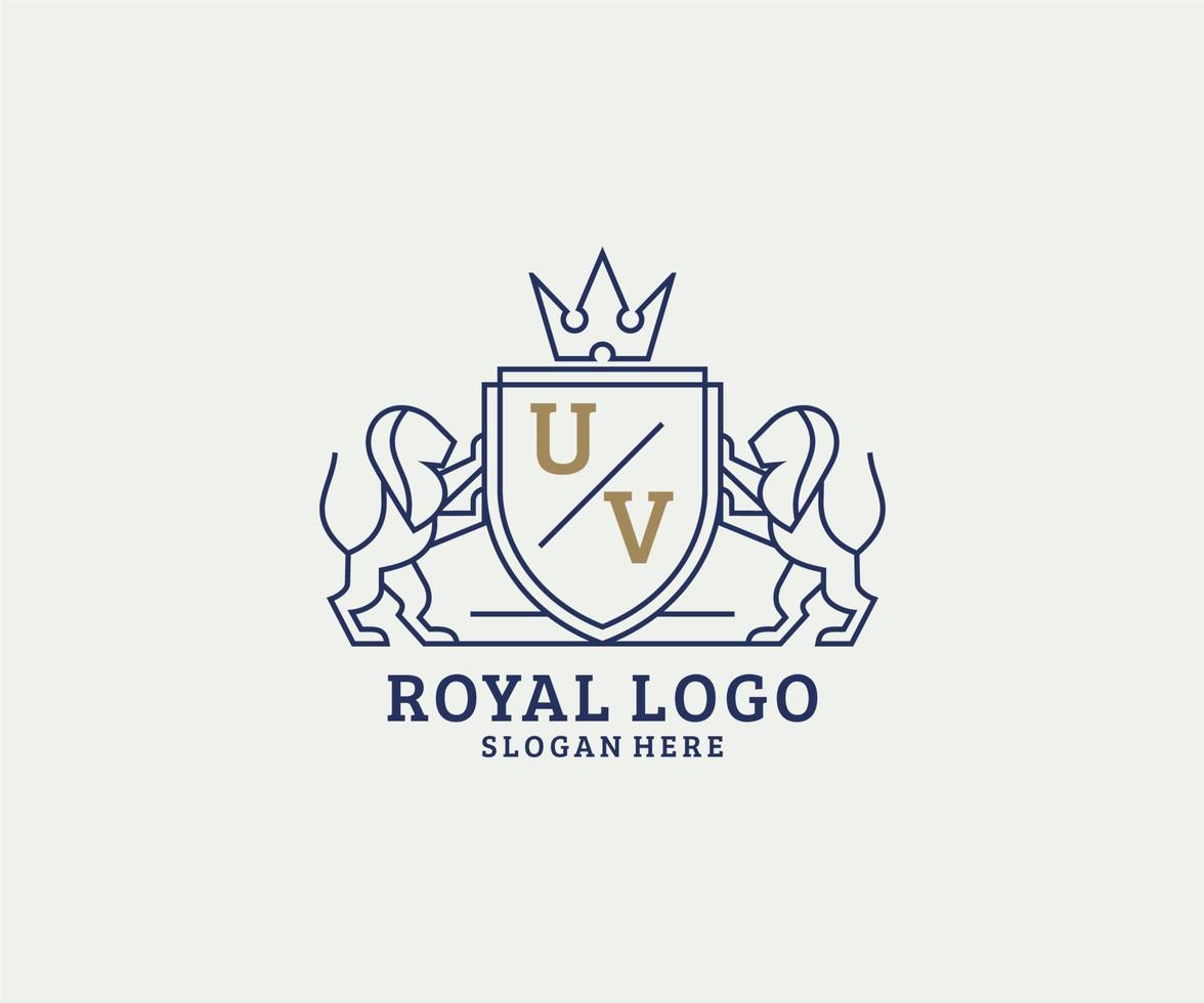 Initial UV Letter Lion Royal Luxury Logo template in vector art for Restaurant, Royalty, Boutique, Cafe, Hotel, Heraldic, Jewelry, Fashion and other vector illustration.