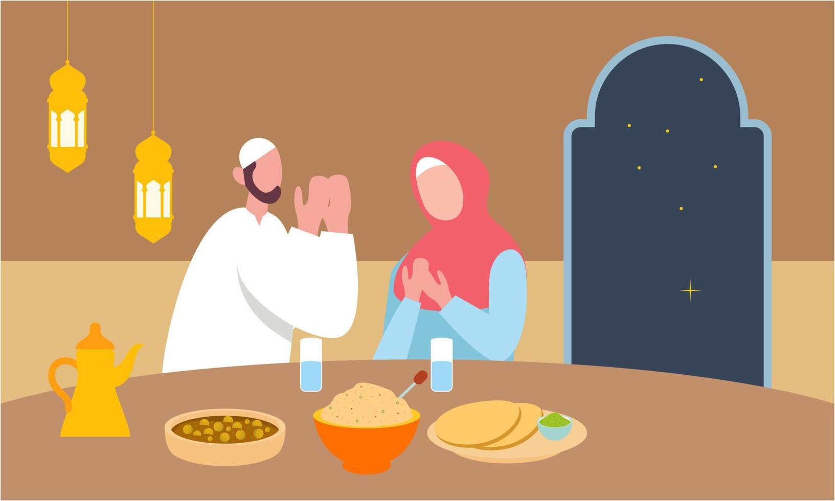 Iftar party with family during ramadan, meal with muslim family, ramadan fasting illustration vector