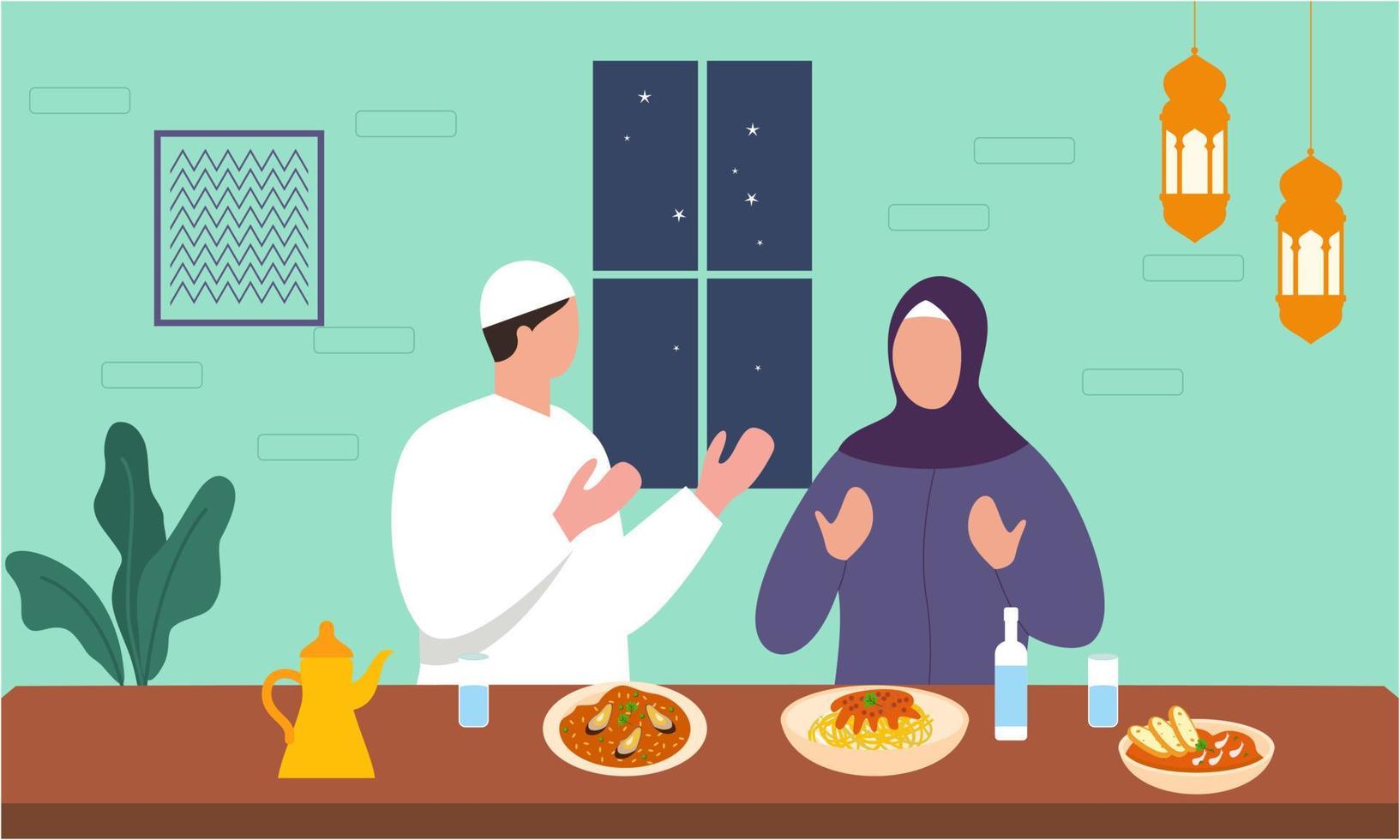 Iftar party with family during ramadan, meal with muslim family, ramadan fasting illustration vector