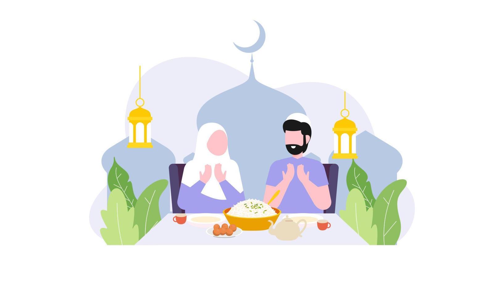 Iftar party with family during ramadan, meal with muslim family, ramadan fasting illustration vector