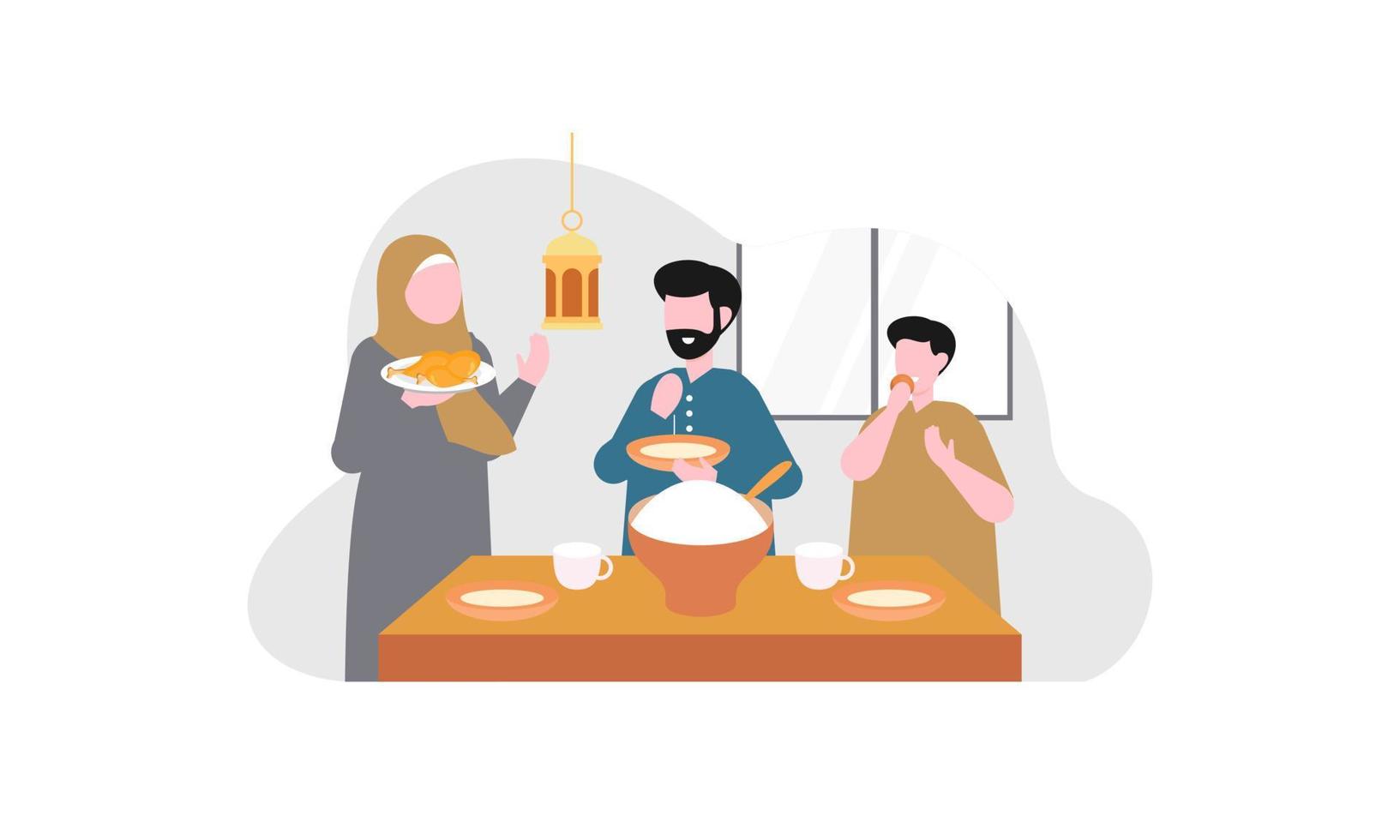 iftar fiesta con familia durante ramadán, comida con musulmán familia, Ramadán rápido ilustración vector