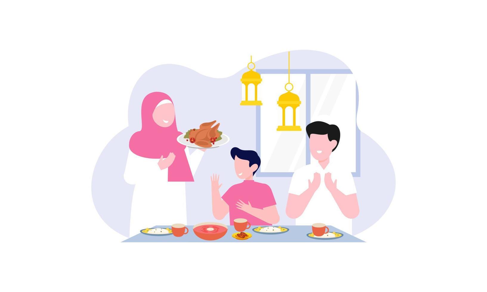 Iftar party with family during ramadan, meal with muslim family, ramadan fasting illustration vector