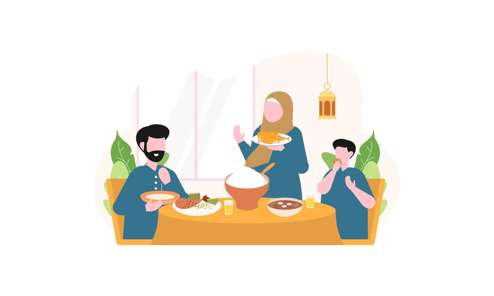 Iftar party with family during ramadan, meal with muslim family, ramadan fasting illustration vector