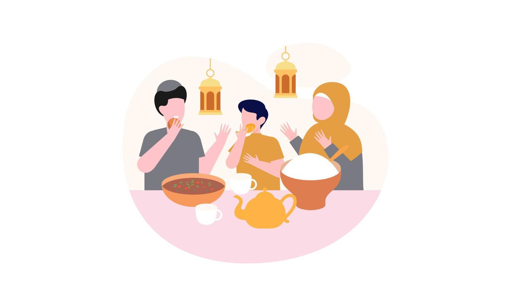 Iftar party with family during ramadan, meal with muslim family, ramadan fasting illustration vector