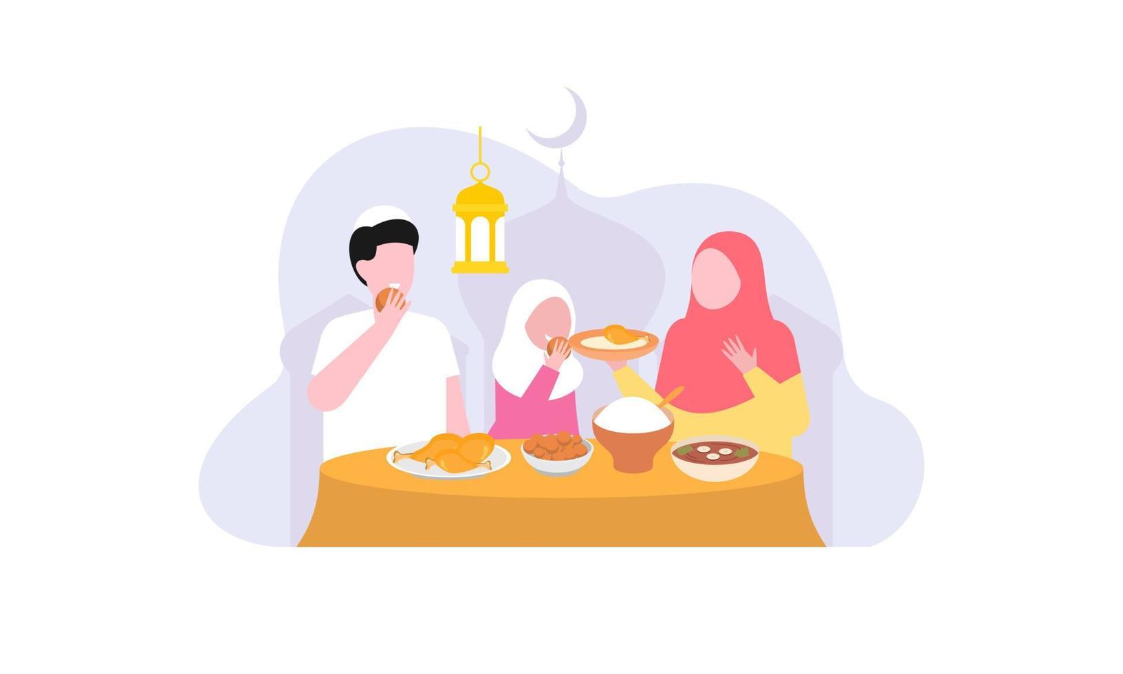 Iftar party with family during ramadan, meal with muslim family, ramadan fasting illustration vector