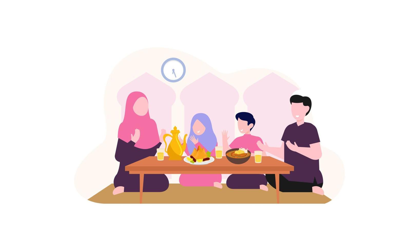 Iftar party with family during ramadan, meal with muslim family, ramadan fasting illustration vector