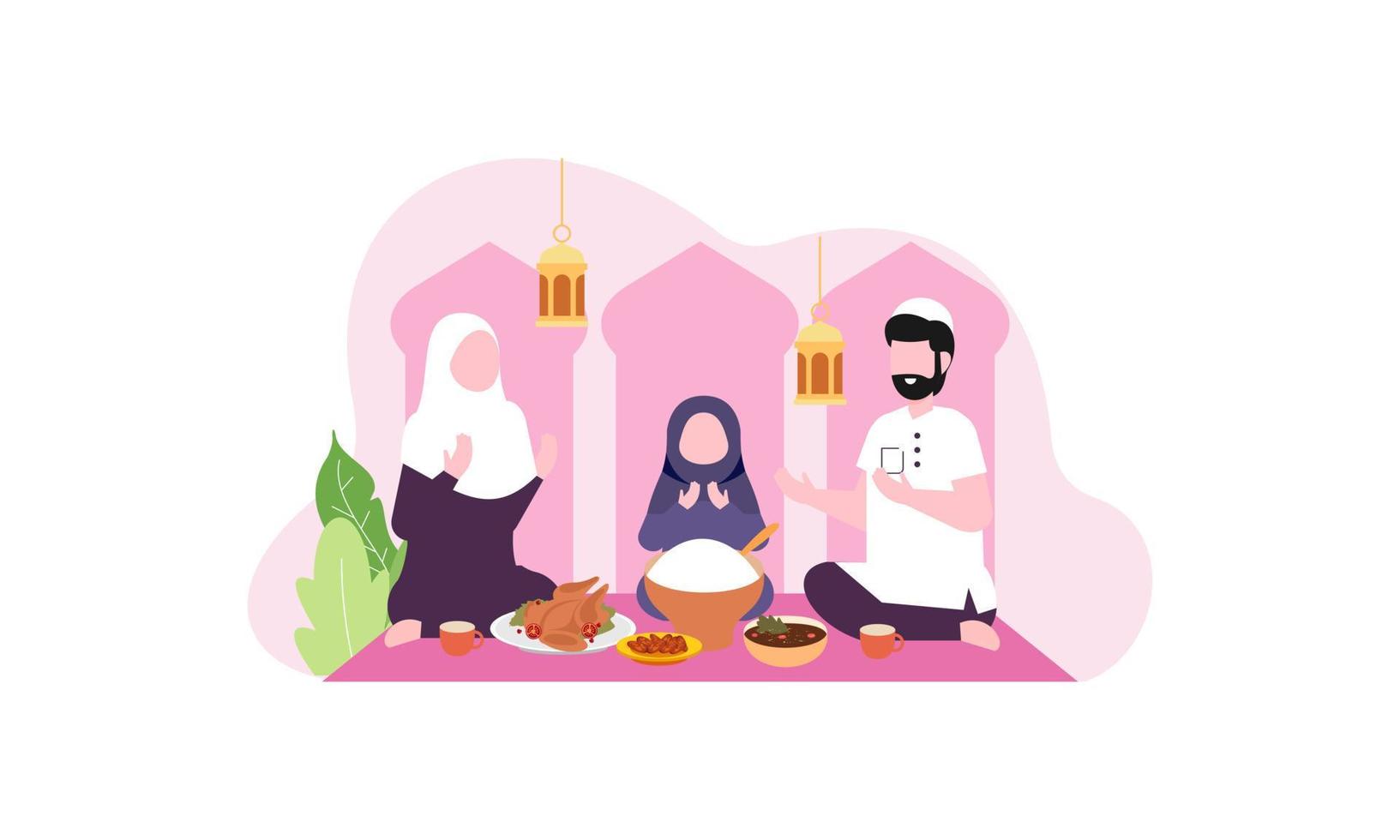 Iftar party with family during ramadan, meal with muslim family, ramadan fasting illustration vector