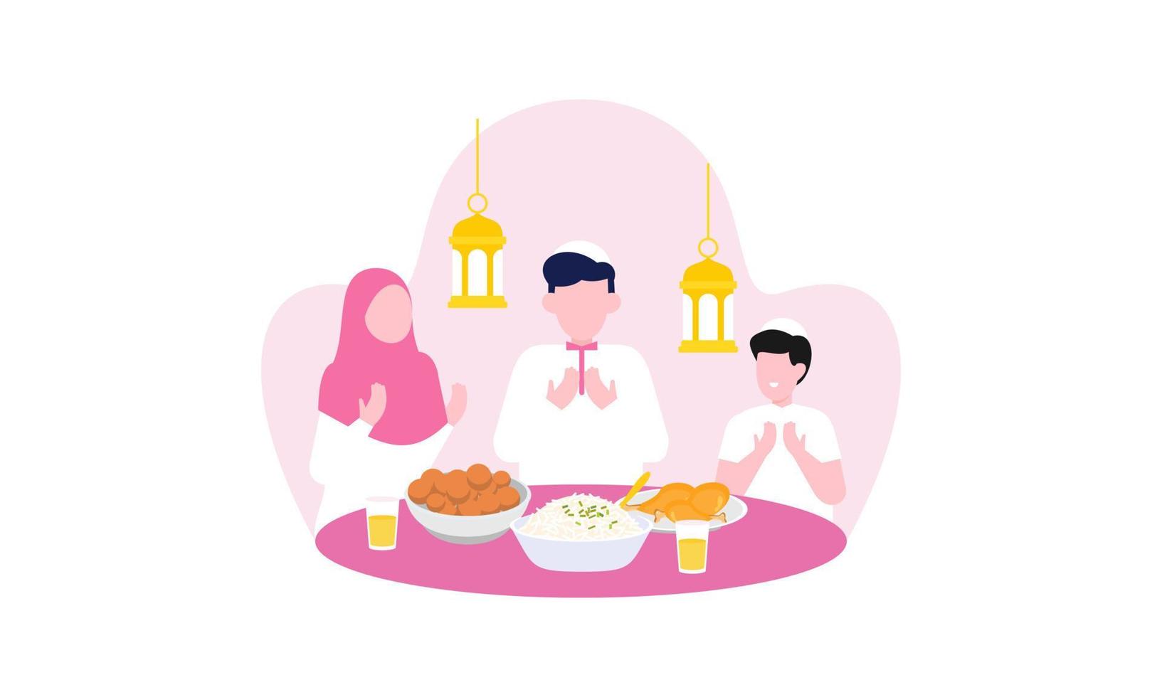 Iftar party with family during ramadan, meal with muslim family, ramadan fasting illustration vector