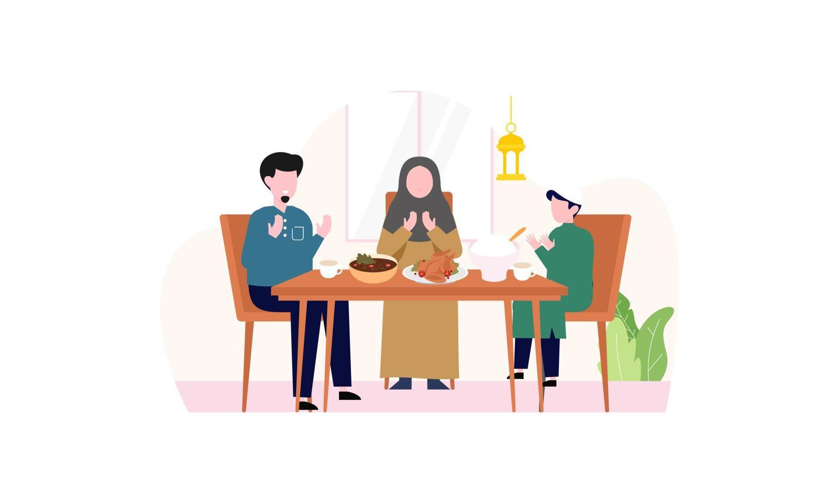 Iftar party with family during ramadan, meal with muslim family, ramadan fasting illustration vector