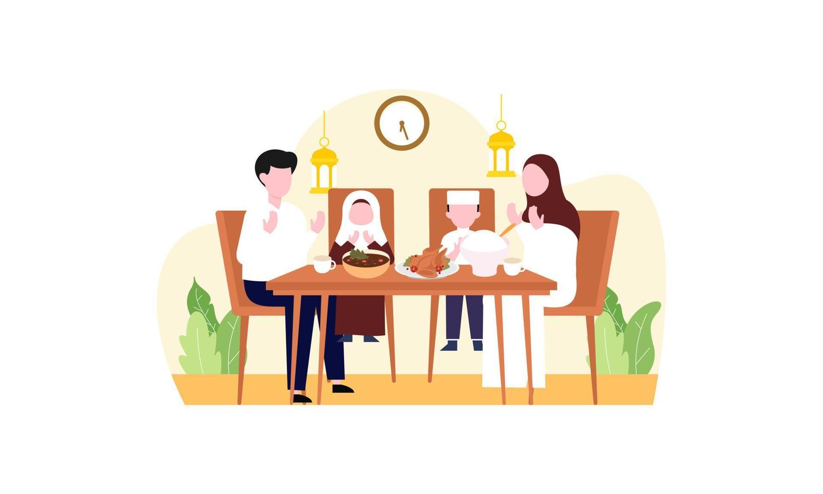 Iftar party with family during ramadan, meal with muslim family, ramadan fasting illustration vector