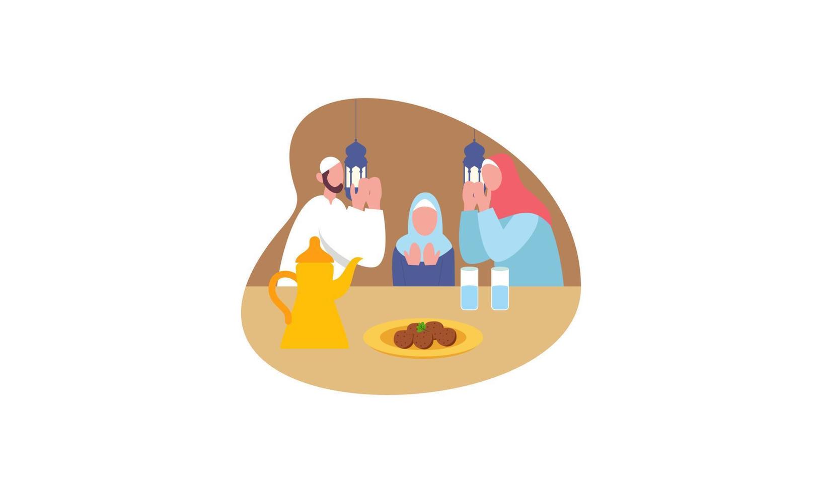 Iftar party with family during ramadan, meal with muslim family, ramadan fasting illustration vector