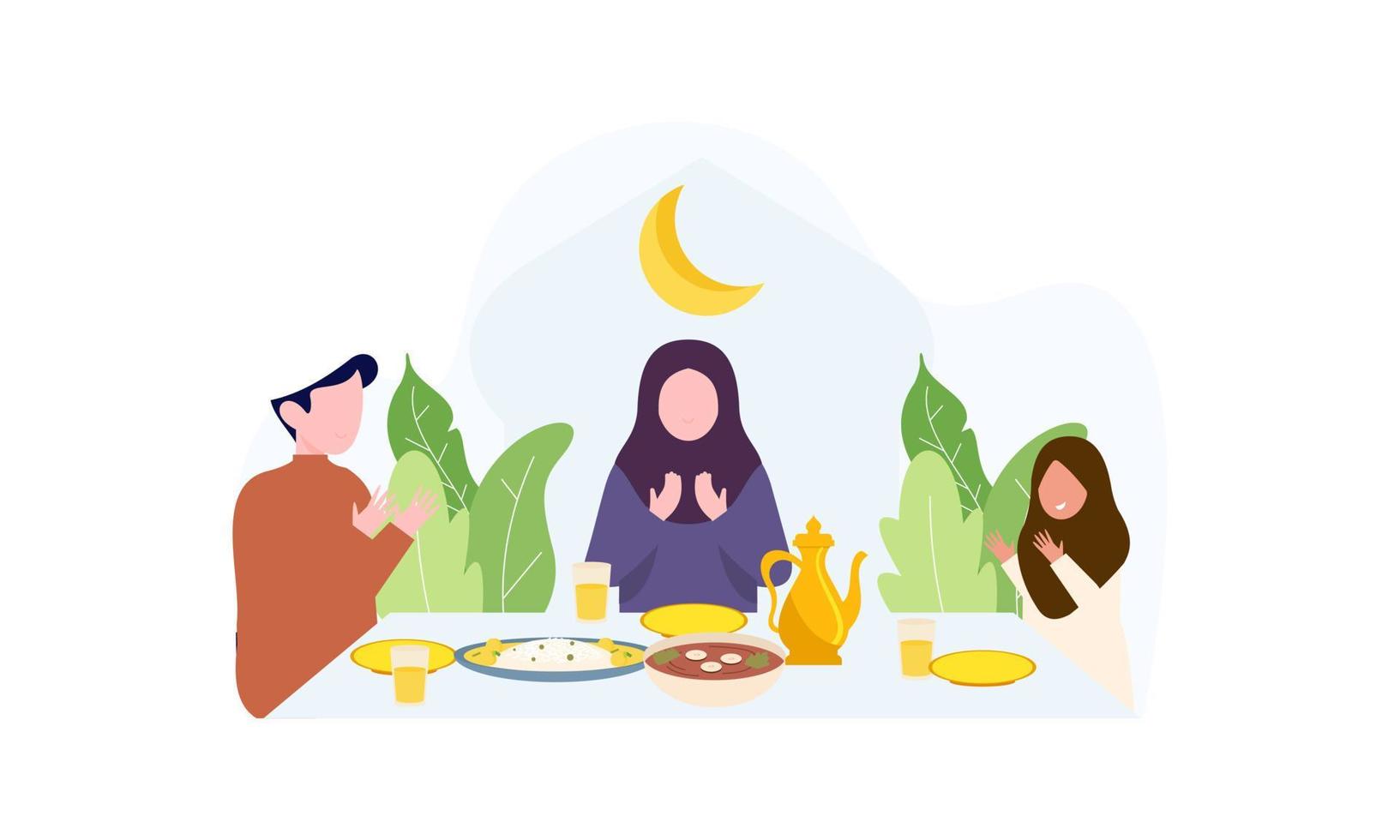 Iftar party with family during ramadan, meal with muslim family, ramadan fasting illustration vector