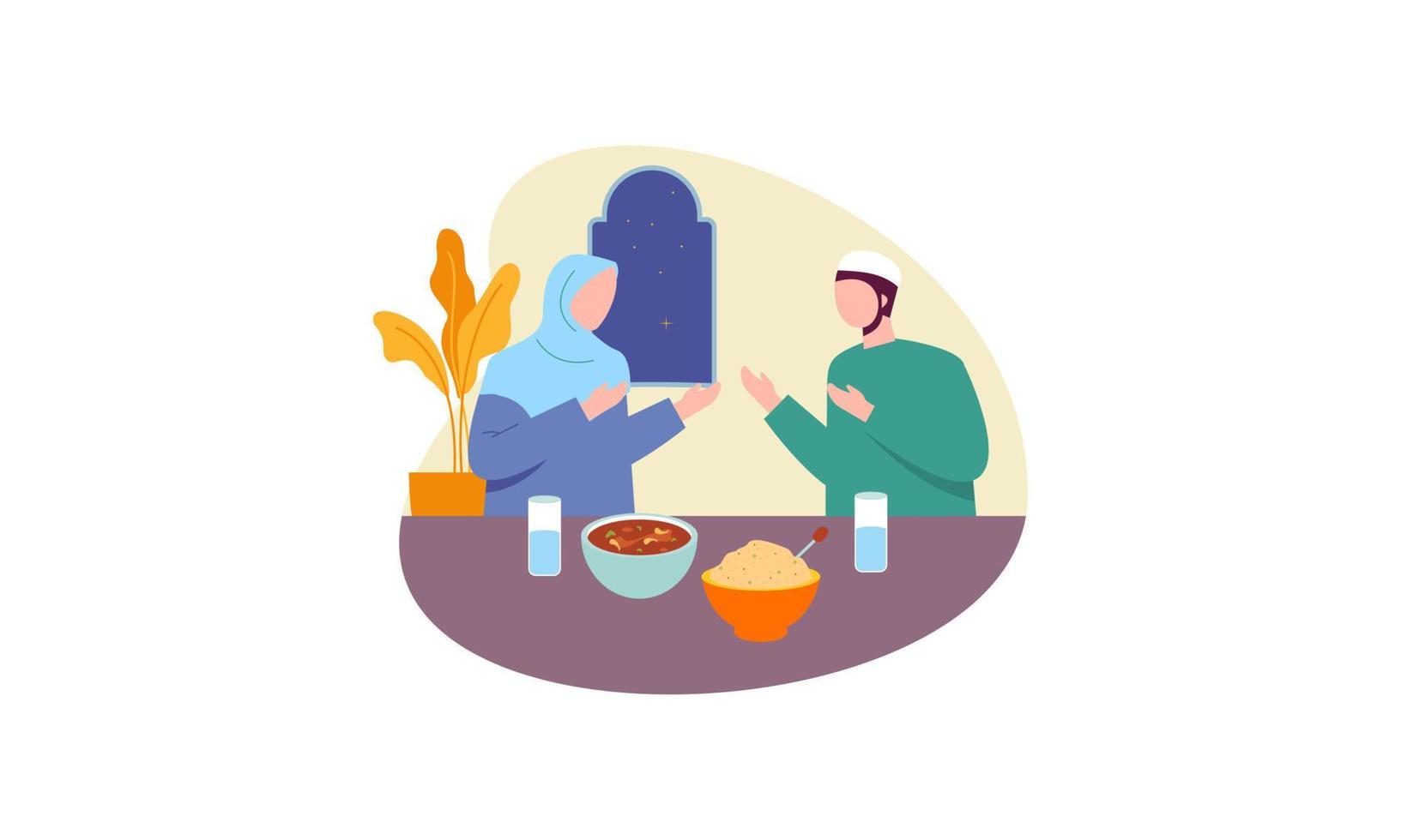 Iftar party with family during ramadan, meal with muslim family, ramadan fasting illustration vector
