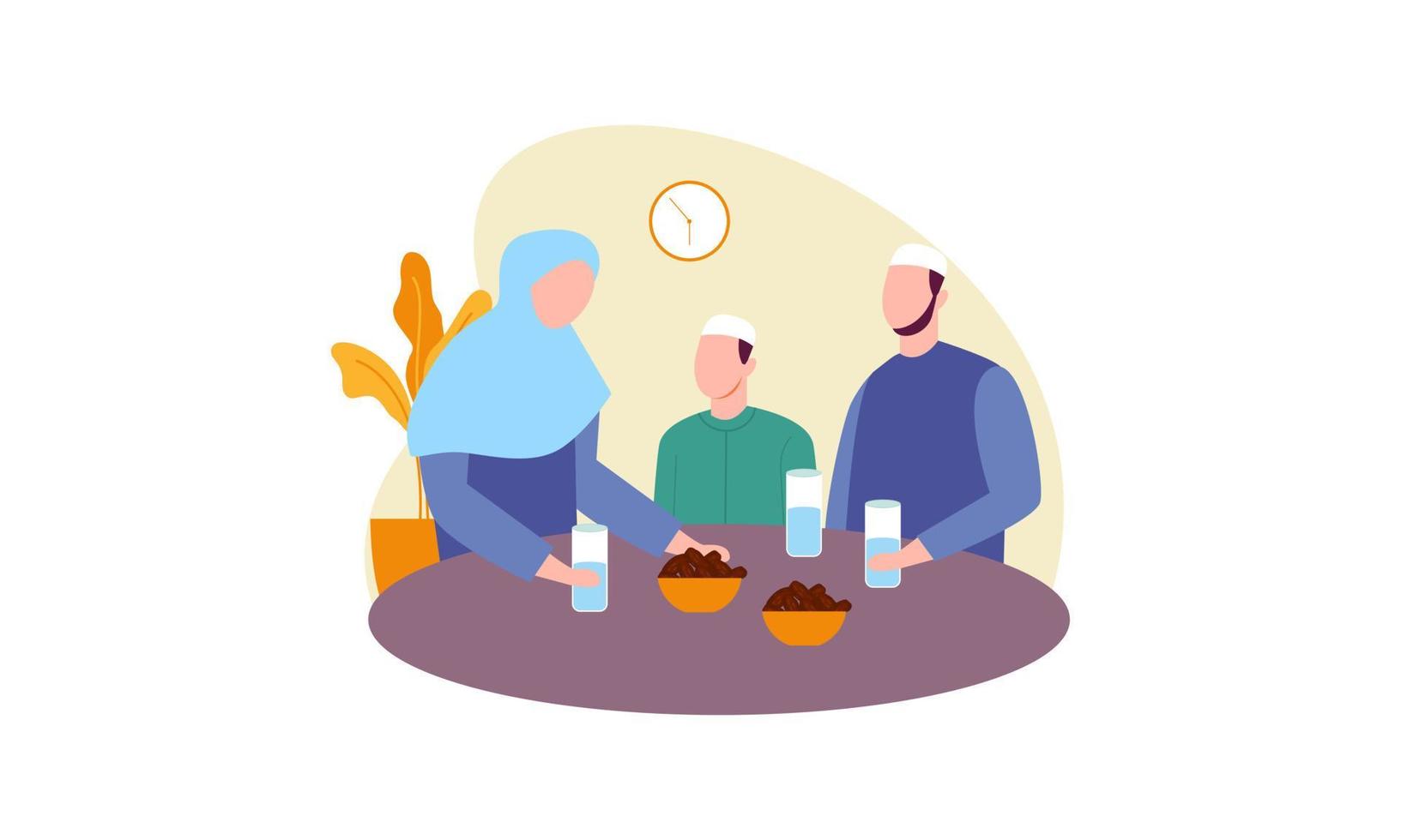 Iftar party with family during ramadan, meal with muslim family, ramadan fasting illustration vector