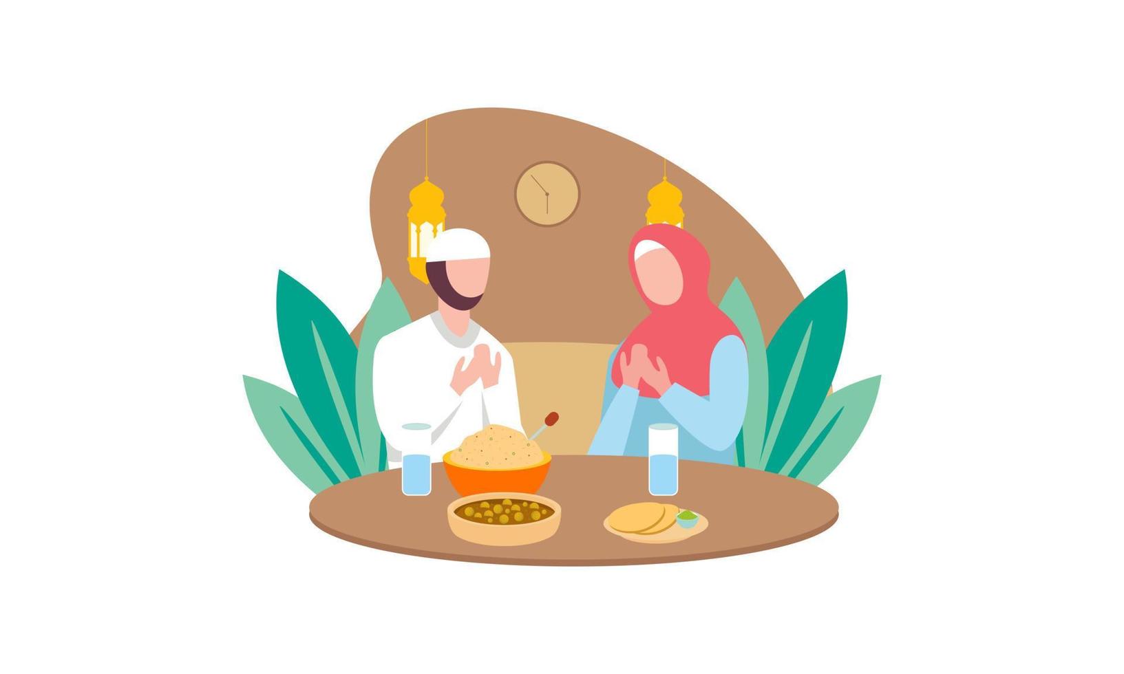 Iftar party with family during ramadan, meal with muslim family, ramadan fasting illustration vector