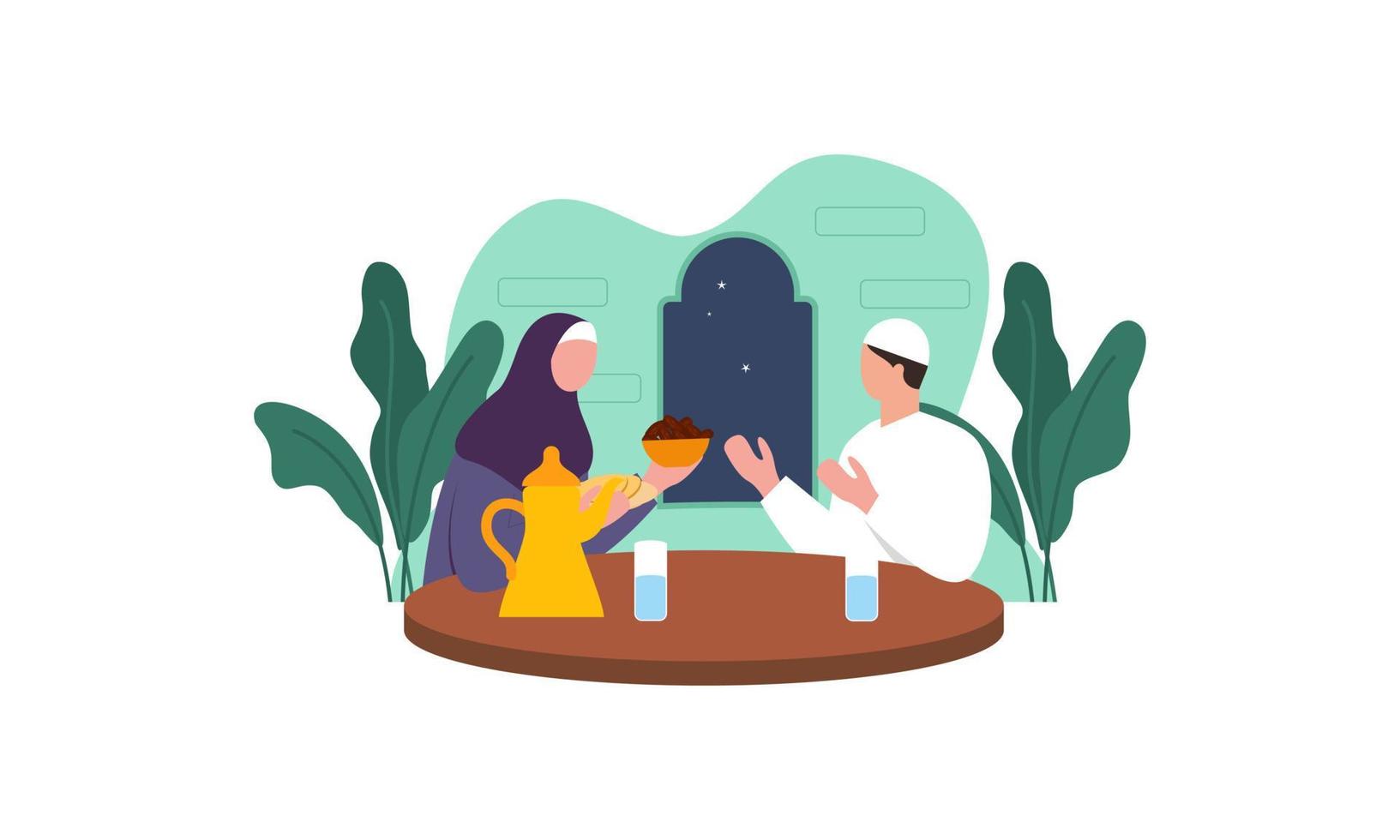 Iftar party with family during ramadan, meal with muslim family, ramadan fasting illustration vector