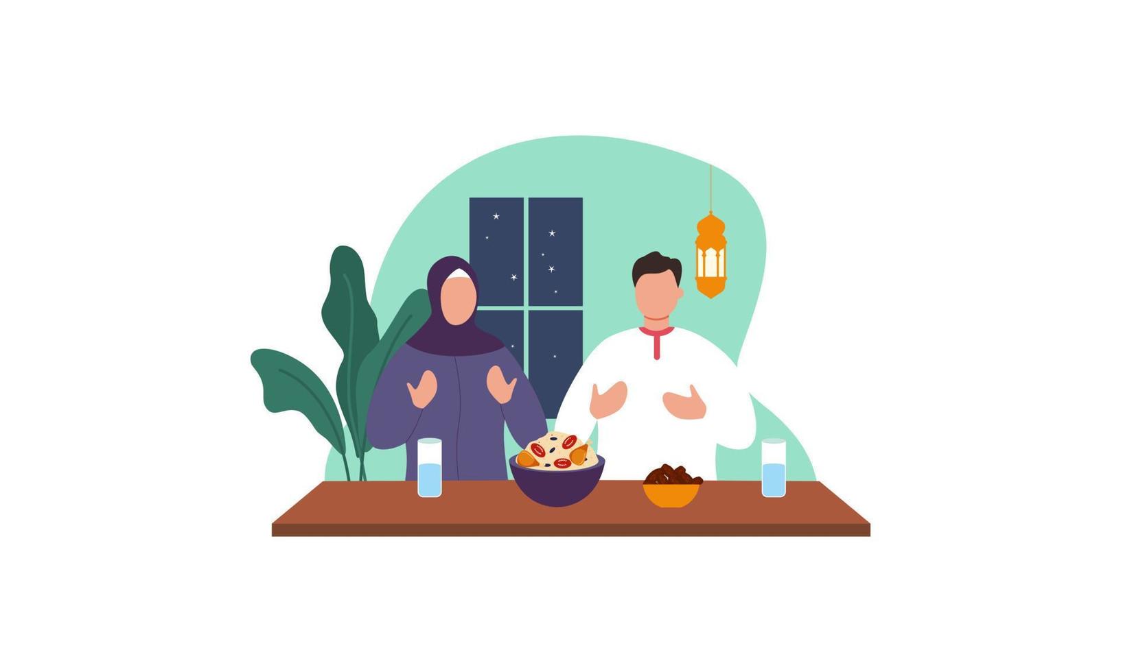 Iftar party with family during ramadan, meal with muslim family, ramadan fasting illustration vector