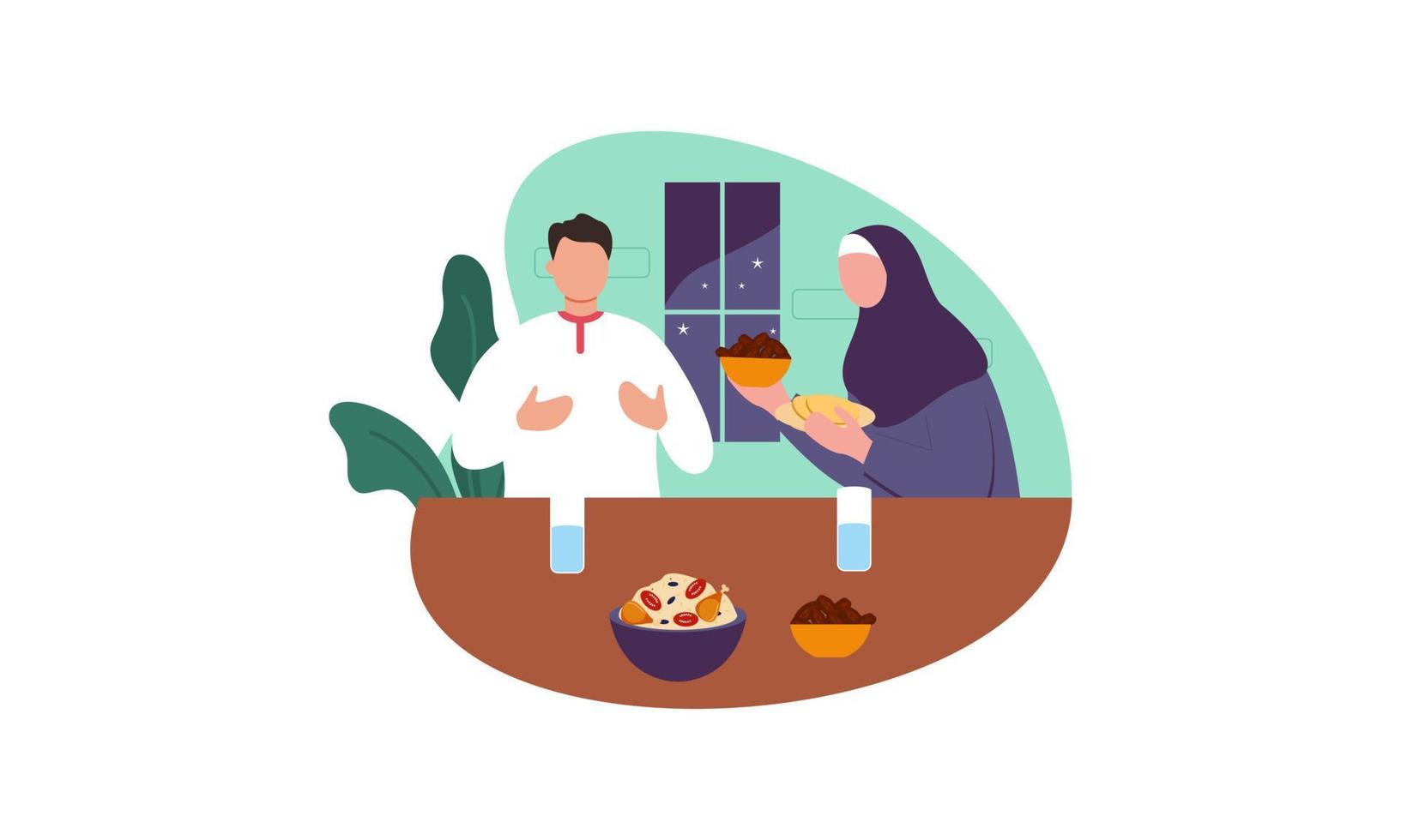 Iftar party with family during ramadan, meal with muslim family, ramadan fasting illustration vector