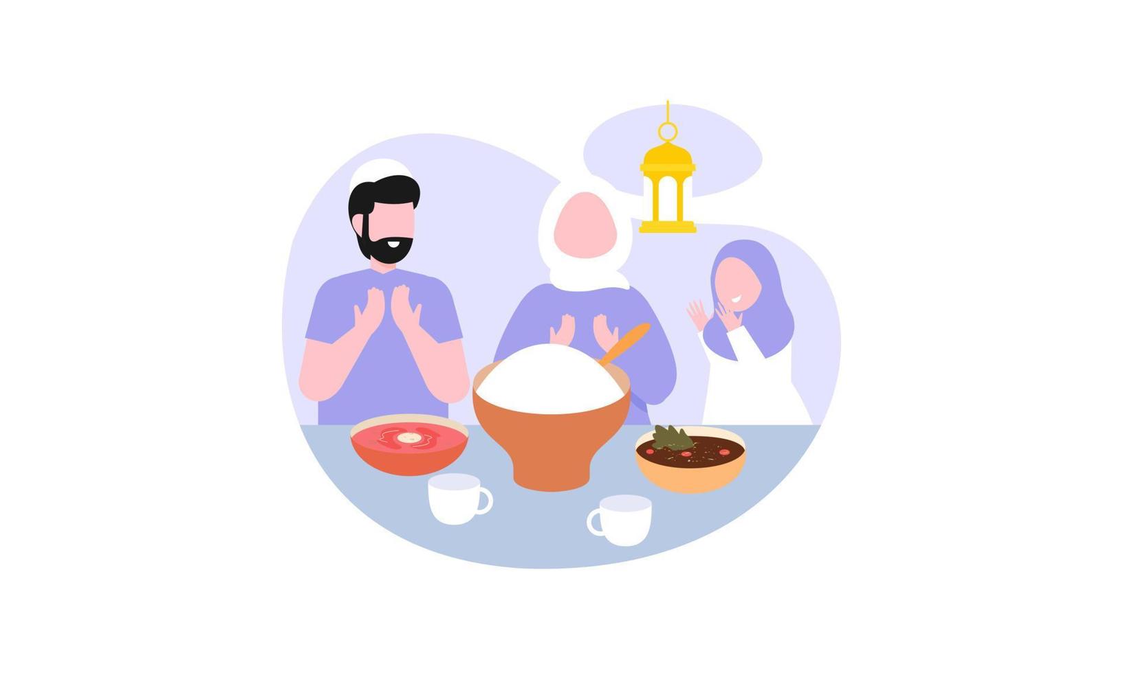 Iftar party with family during ramadan, meal with muslim family, ramadan fasting illustration vector