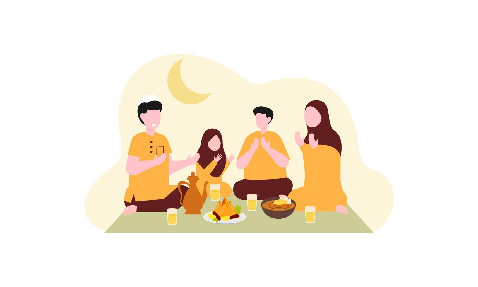 Iftar party with family during ramadan, meal with muslim family, ramadan fasting illustration vector