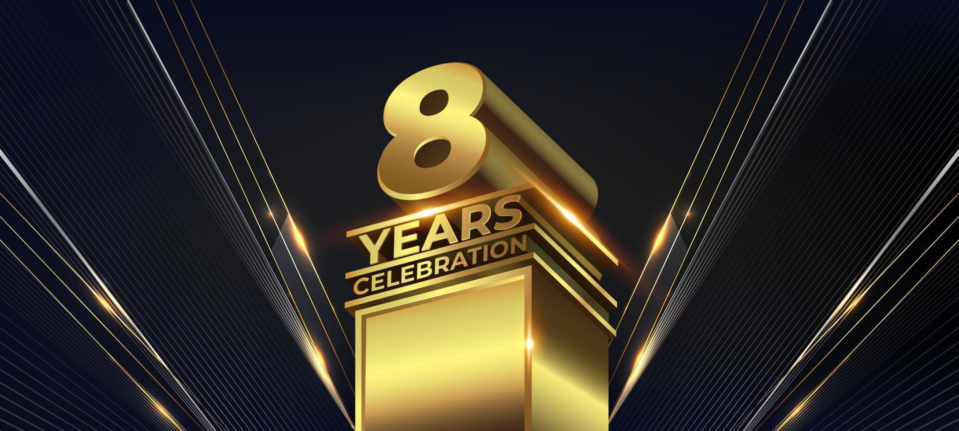 8 year Jubilee Black Golden Lines Awards Graphics Background. Entertainment Spot Light Hollywood Template Luxury Premium Corporate Abstract Design Template Banner. Classic Vintage Certificate Layout. vector