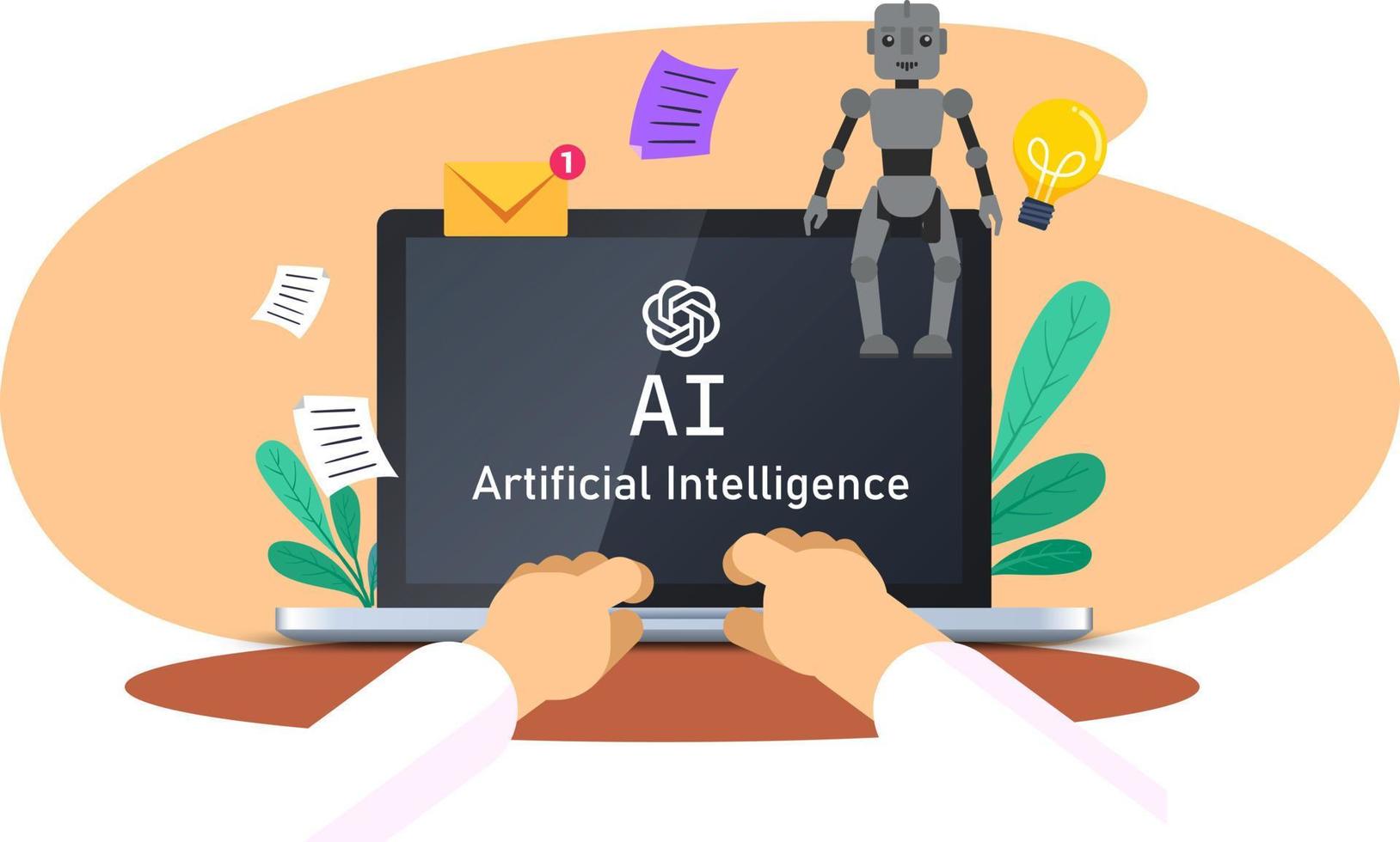 empresario trabajando en ordenador portátil utilizando ai tecnología. ai o artificial inteligencia inteligente ai o artificial inteligencia vector ilustración utilizando chatbot, artificial inteligencia desarrollado por abierto