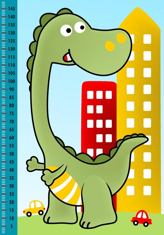 Meter wall with tall dinosaur in city, vector cartoon illustration