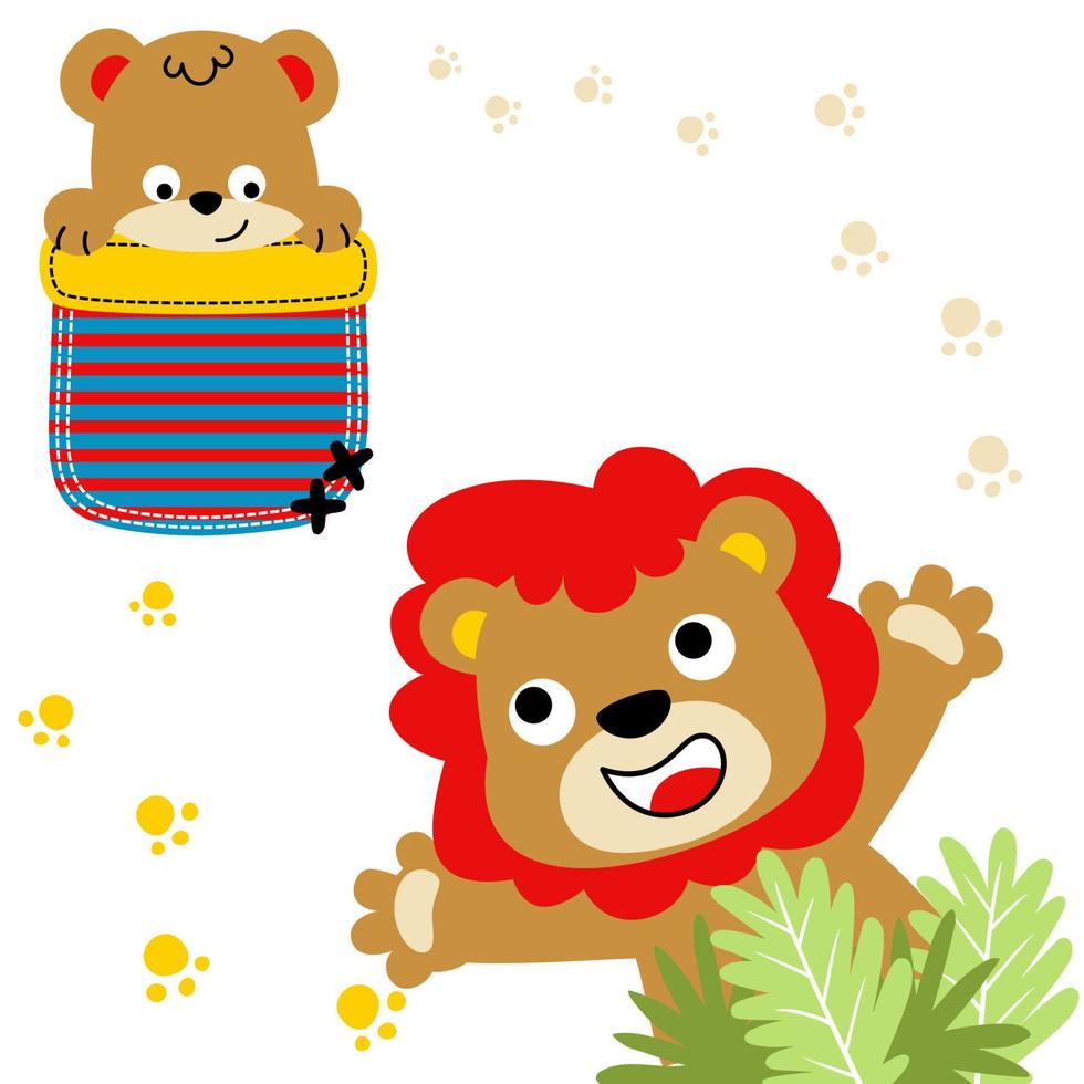 happy lion family, lion cub on pocket, vector cartoon illustration