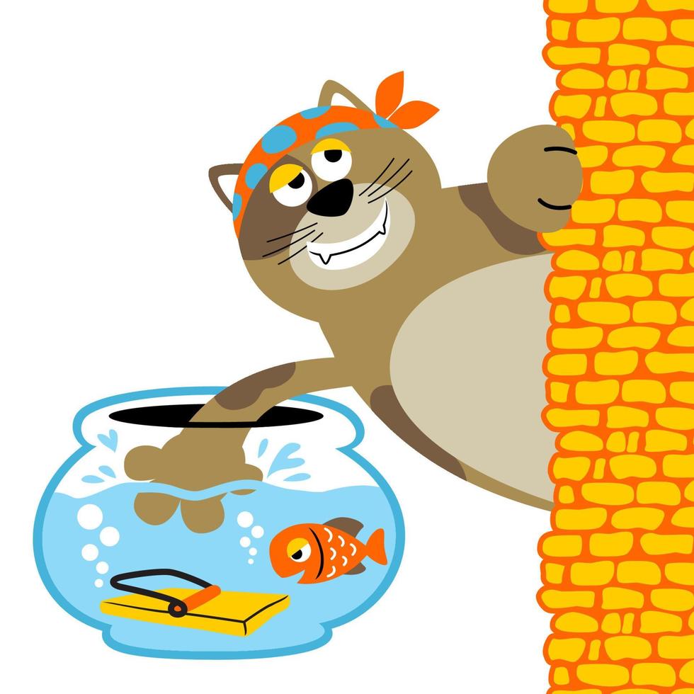 fish trap in jar for bad cat, funny animals cartoon, vector cartoon illustration