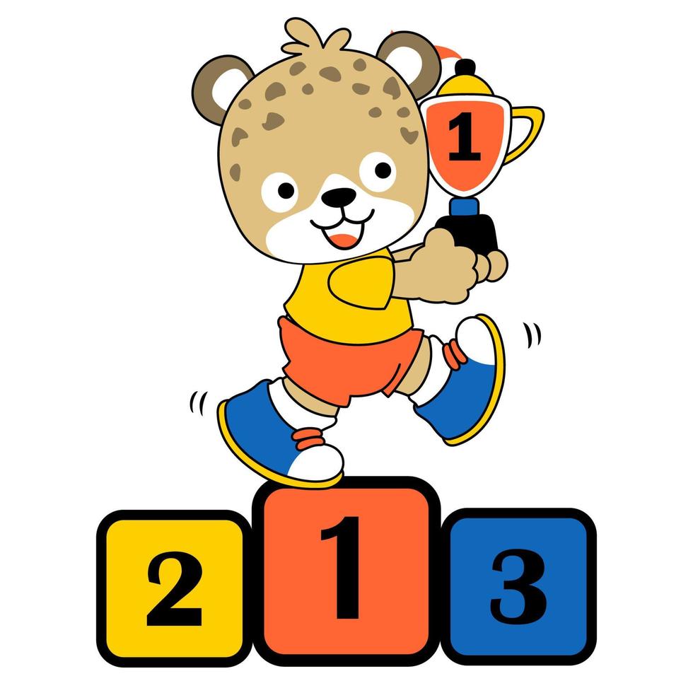 little tiger with a trophy on a podium, vector cartoon illustration