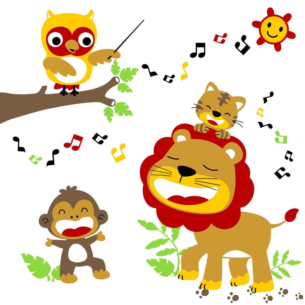 Cute animals singing together in the jungle with smiling sun, vector cartoon illustration