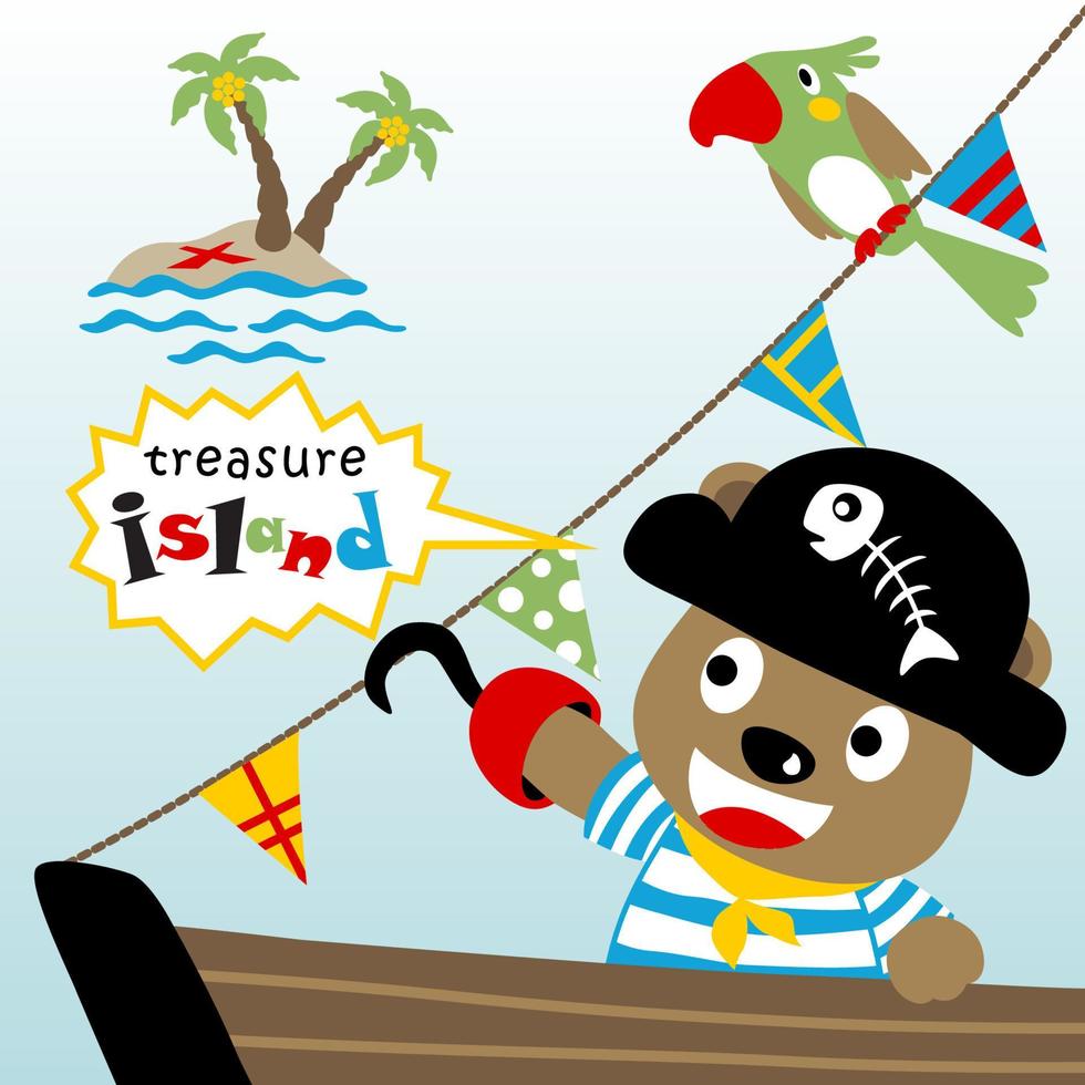 Cute bear in pirate costume with parrot on ship, pirate elements, vector cartoon illustration