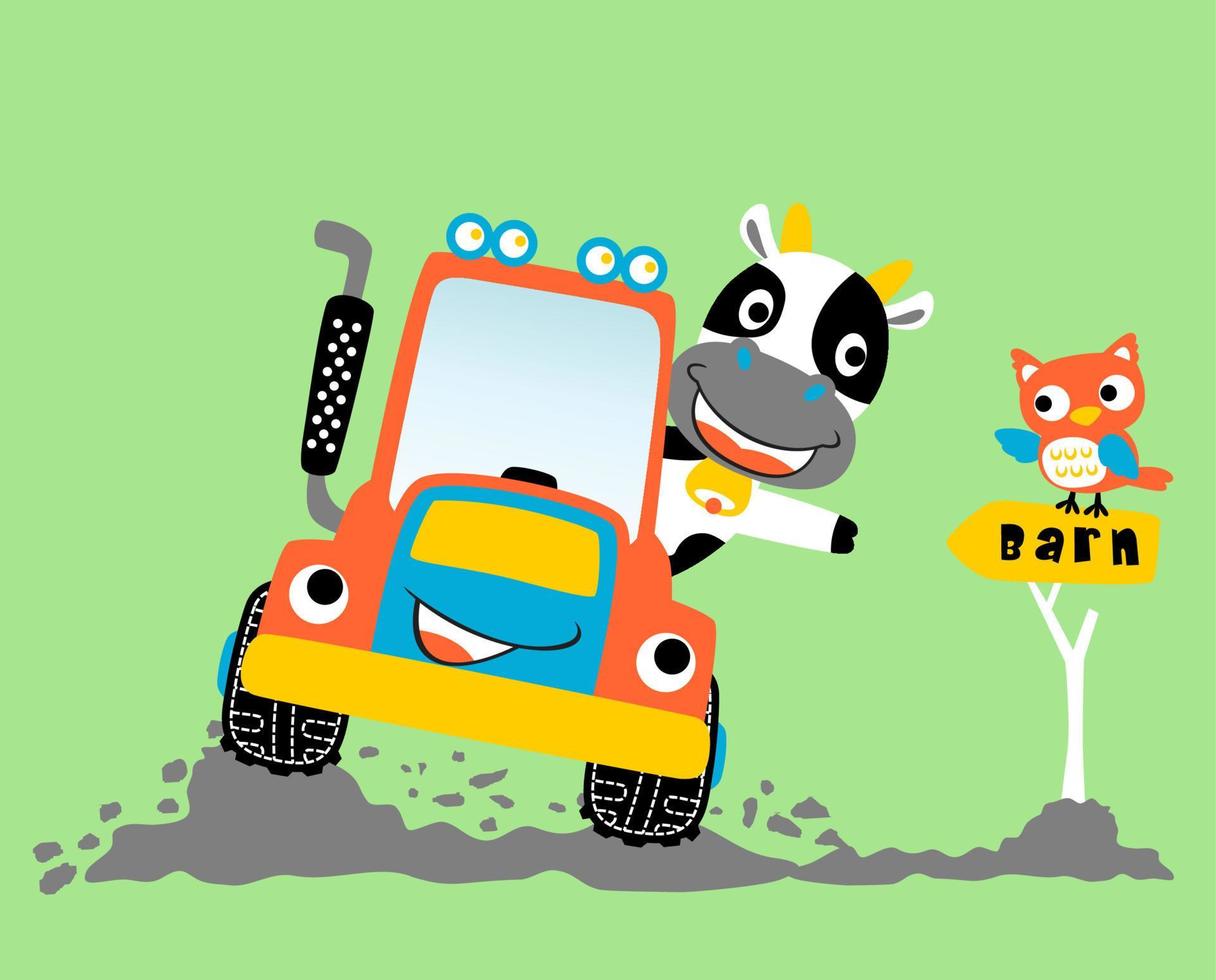 Funny cow driving tractor in farmyard with funny owl, vector cartoon illustration