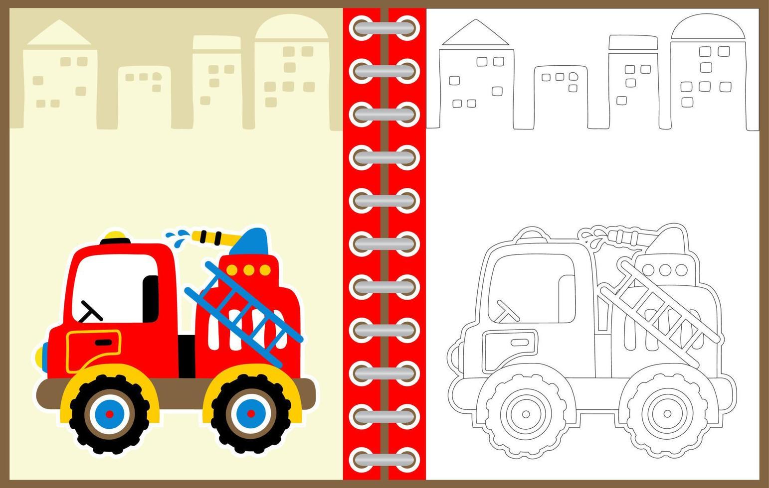 camión de bomberos vector dibujos animados ilustración en edificios fondo, colorante página o libro