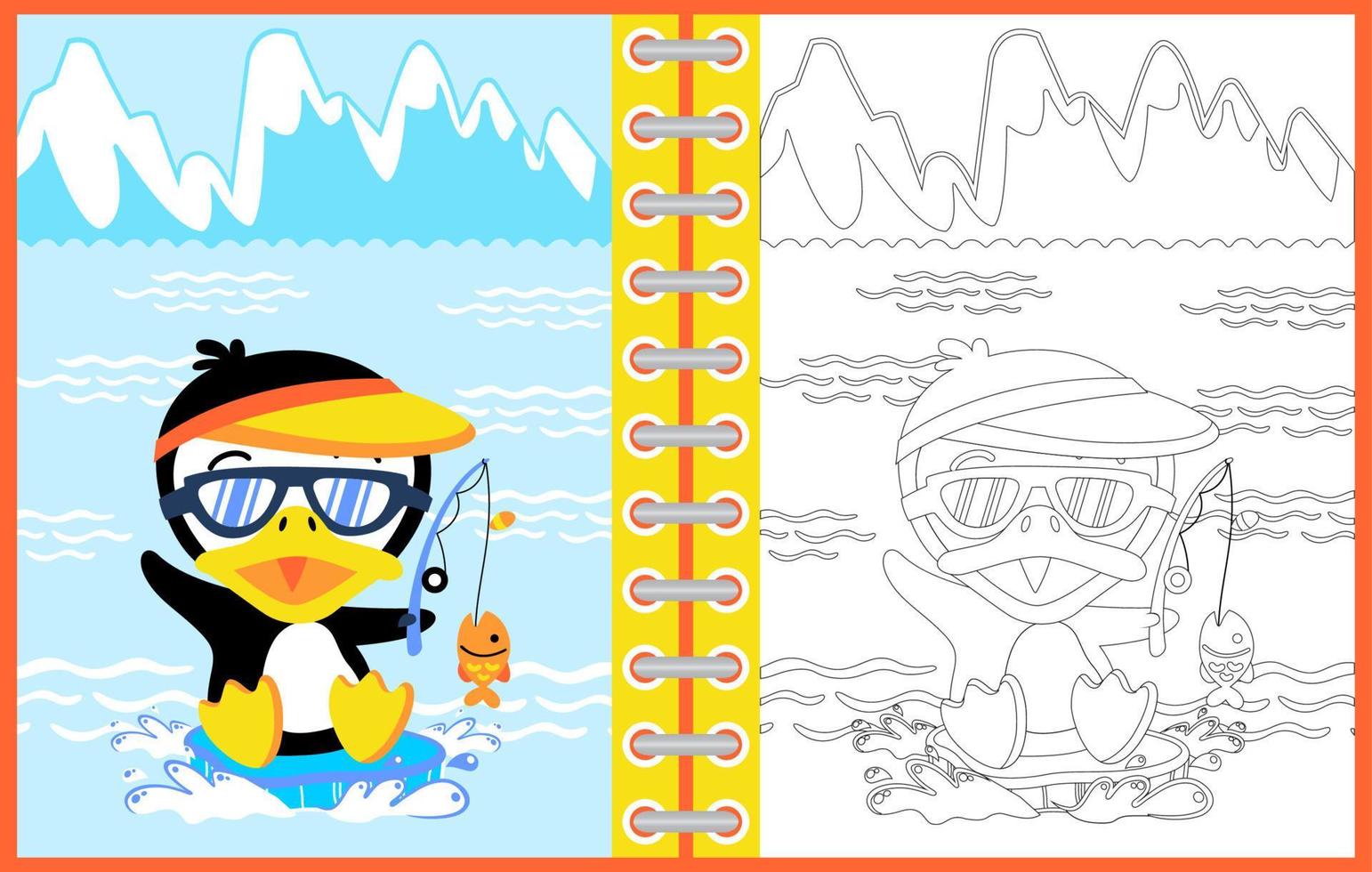Vector cartoon of cute penguin fishing on ice mountain background, coloring page or book