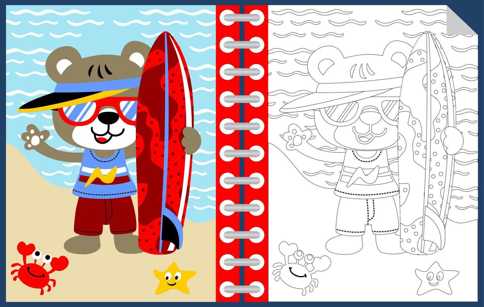 Vector cartoon of funny tiger holding surfboard with marine animals, coloring book or page