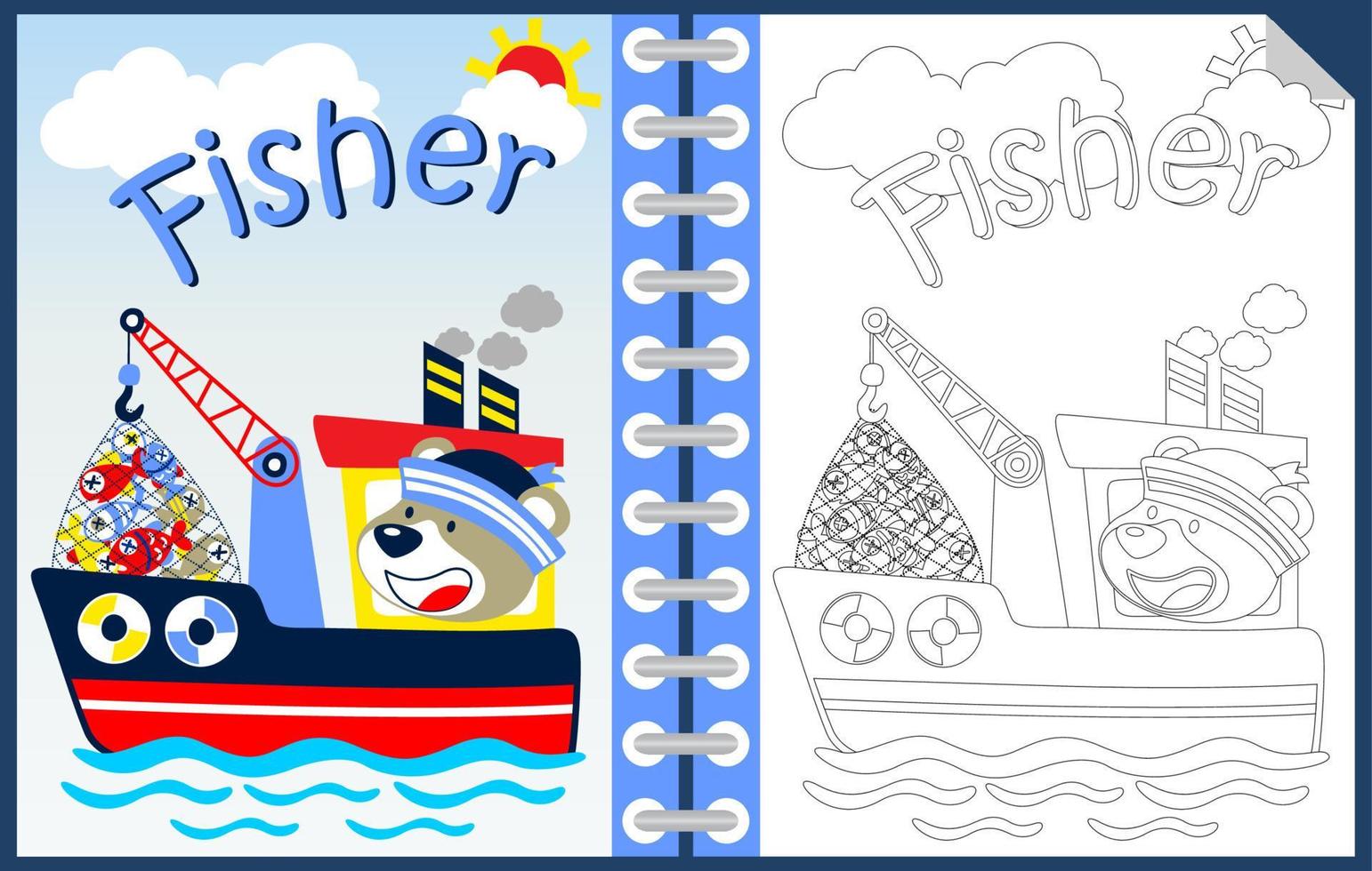 Funny bear sailor cartoon on boat with lot of fish, coloring book or page vector