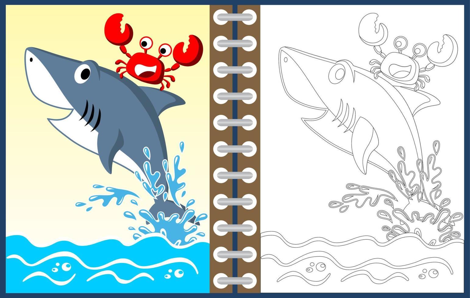 Vector cartoon of shark with crab in the sea, coloring page or book